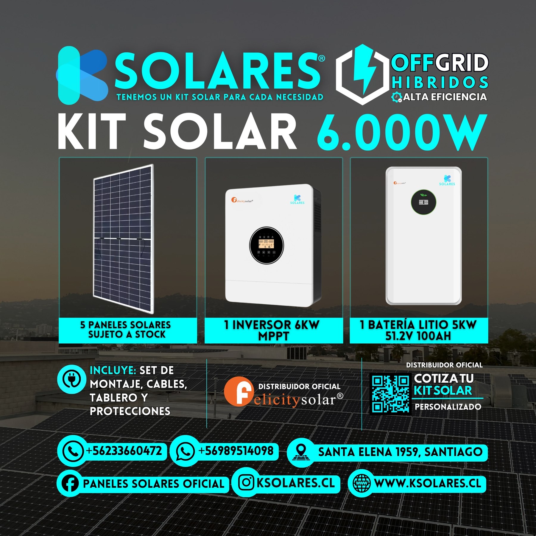Kit Solar Off-Grid Híbrido 6 kW 5 paneles de 620 W · 3,1 kWp · inversor híbrido de 6 kW · batería 5 kWh