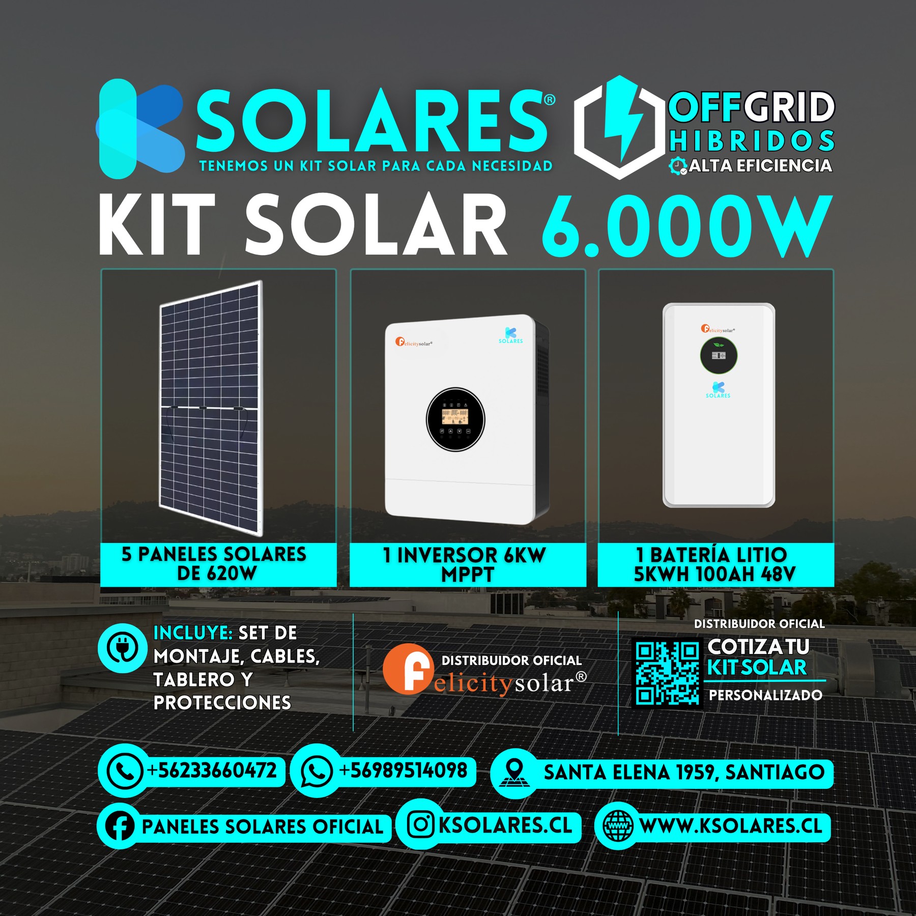 Kit Solar Off-Grid Híbrido 6 kW 5 paneles de 620 W · 3,1 kWp · inversor híbrido de 6 kW · batería 5 kWh