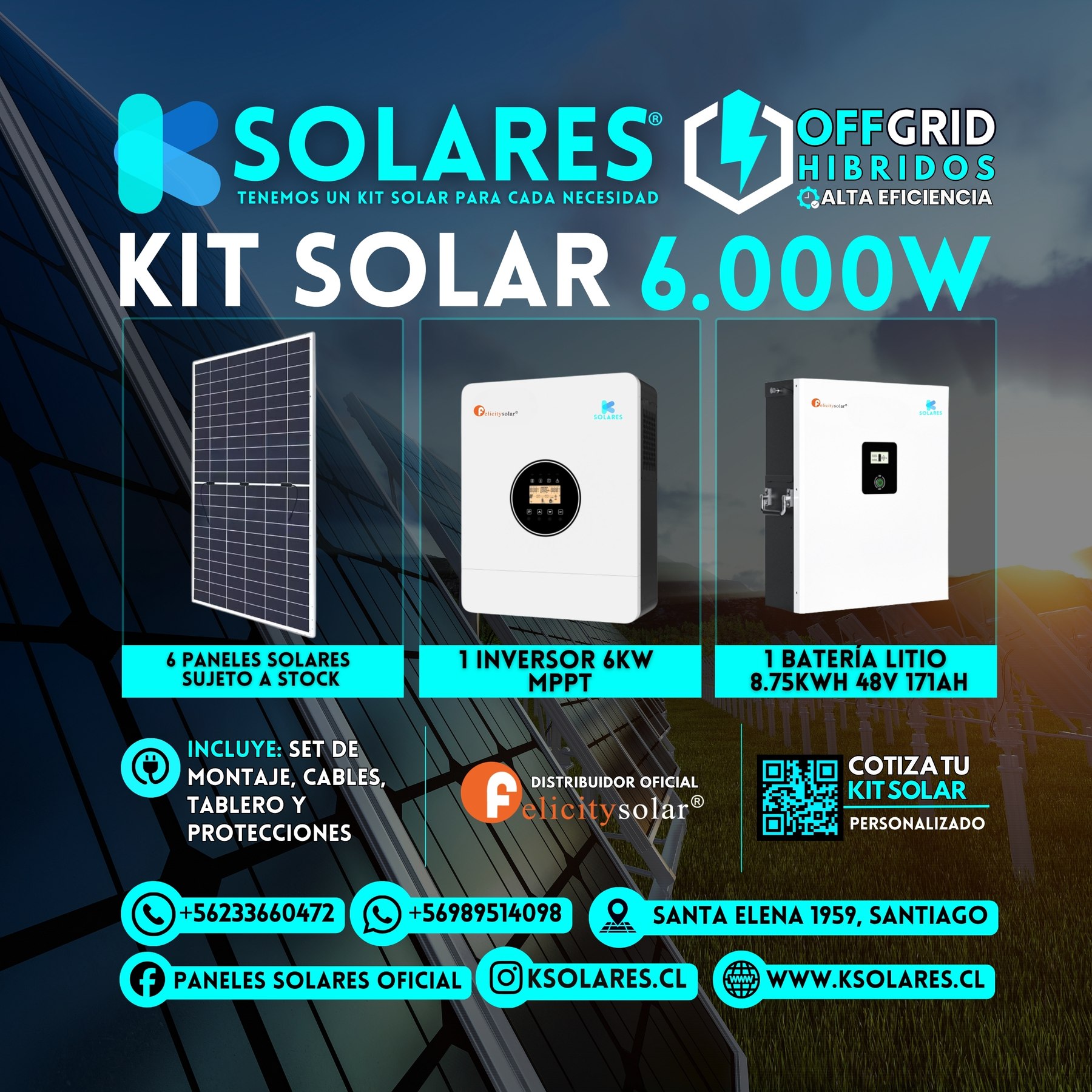 Kit Solar Off-Grid Híbrido 6 kW 6 paneles de 620 W · 3,72 kWp · inversor híbrido de 6 kW · batería 8,75 kWh