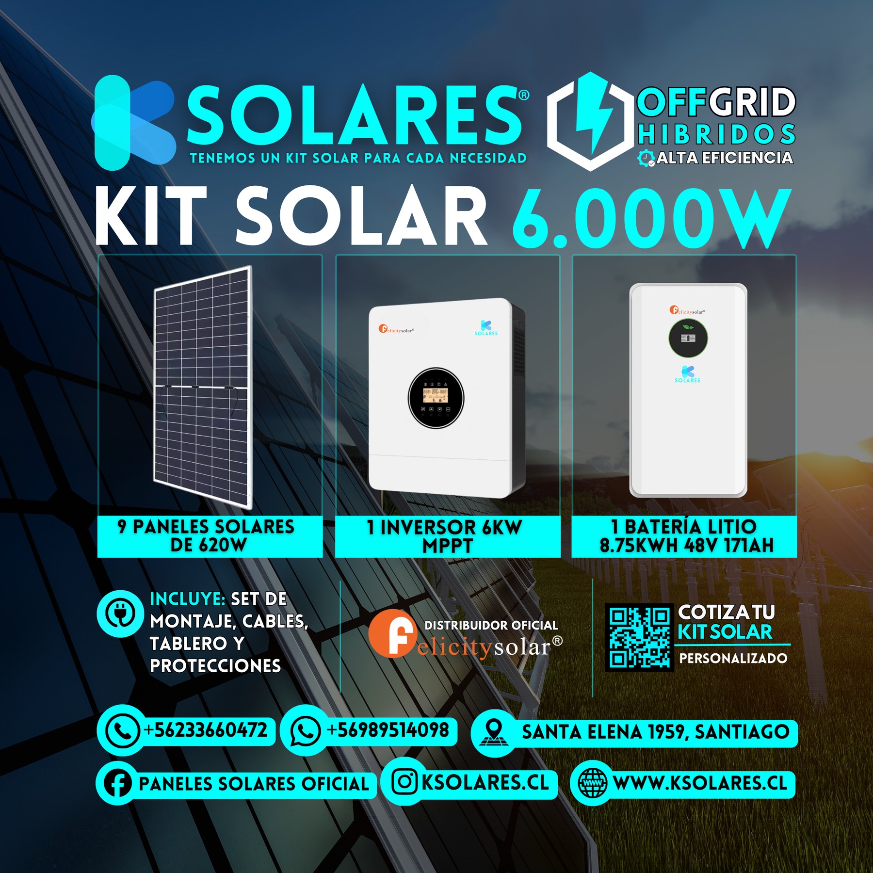 Kit Solar Off-Grid Híbrido 6 kW 6 paneles de 620 W · 3,72 kWp · inversor híbrido de 6 kW · batería 8,75 kWh