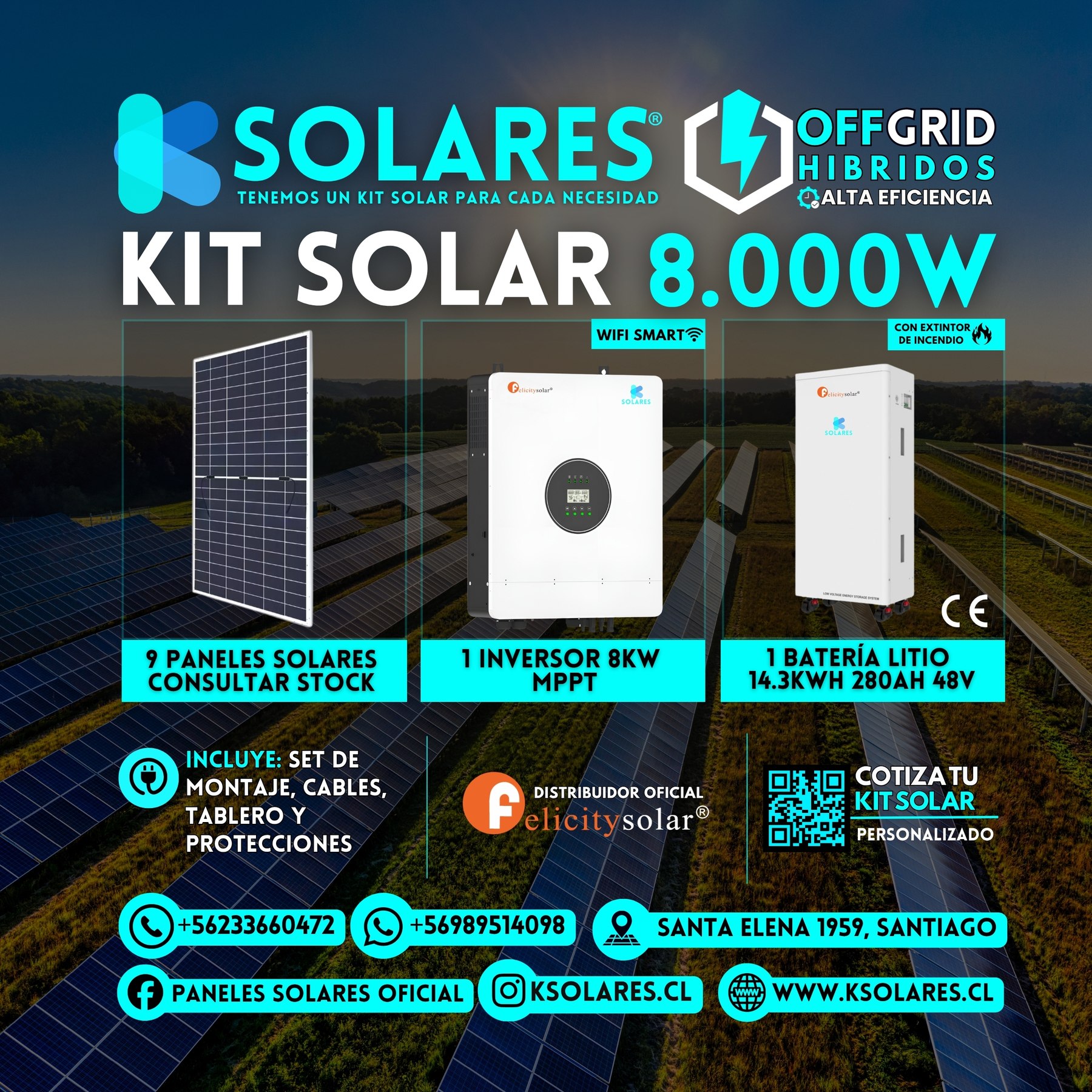 Kit Solar Off-Grid Híbrido 8 kW 9 paneles de 620 W · 5,58 kWp · inversor híbrido de 8 kW · batería 14,3 kWh