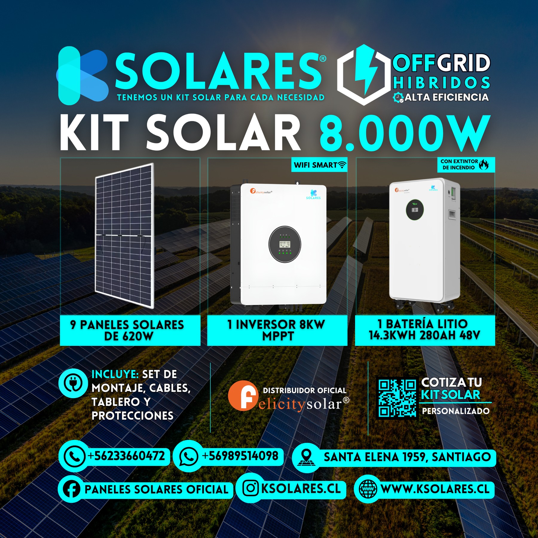 Kit Solar Off-Grid Híbrido 8 kW 9 paneles de 620 W · 5,58 kWp · inversor híbrido de 8 kW · batería 14,3 kWh