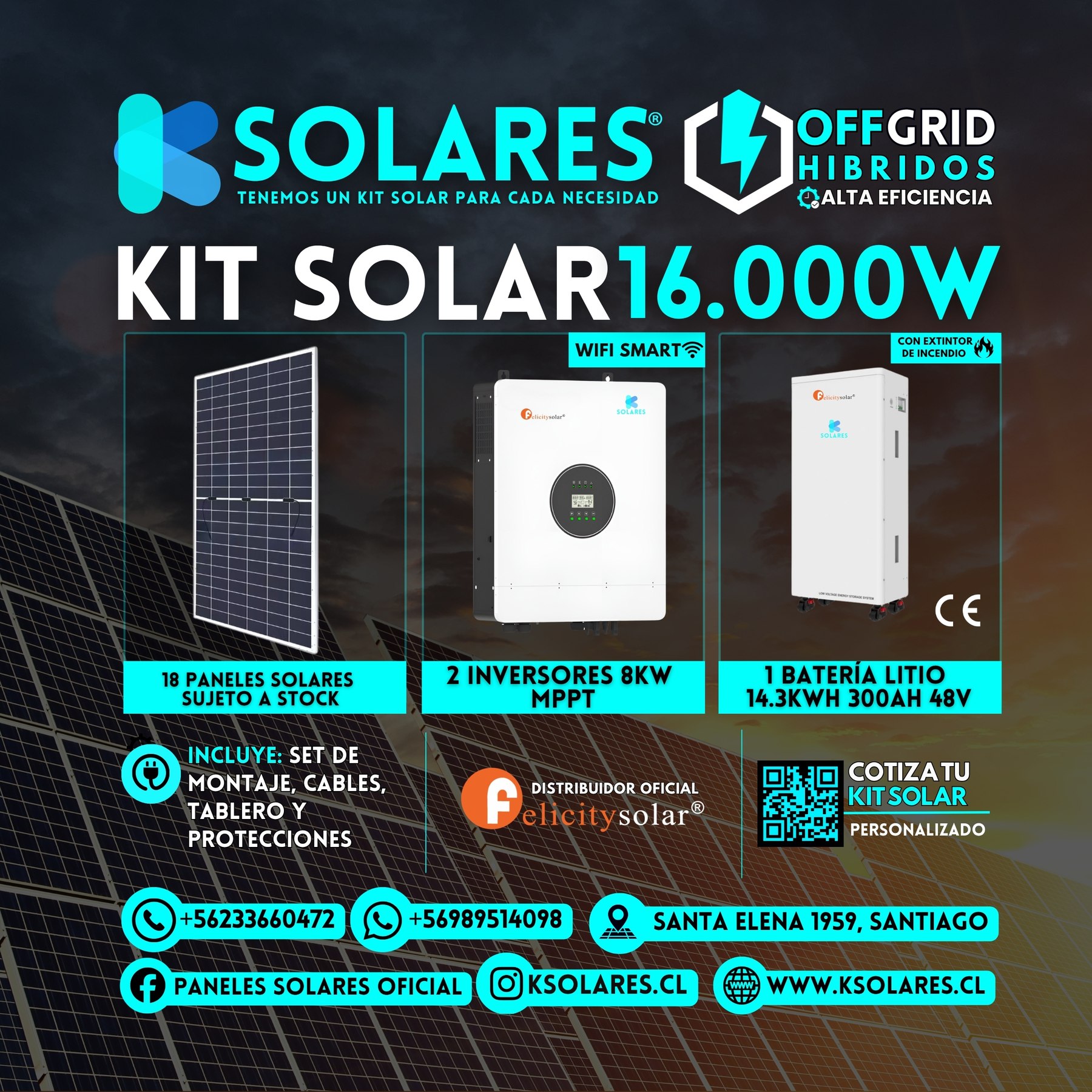 Kit Solar Off-Grid Híbrido 16 kW 18 paneles de 620 W · 11,16 kWp · inversor híbrido de 16 kW · batería 14,3 kWh