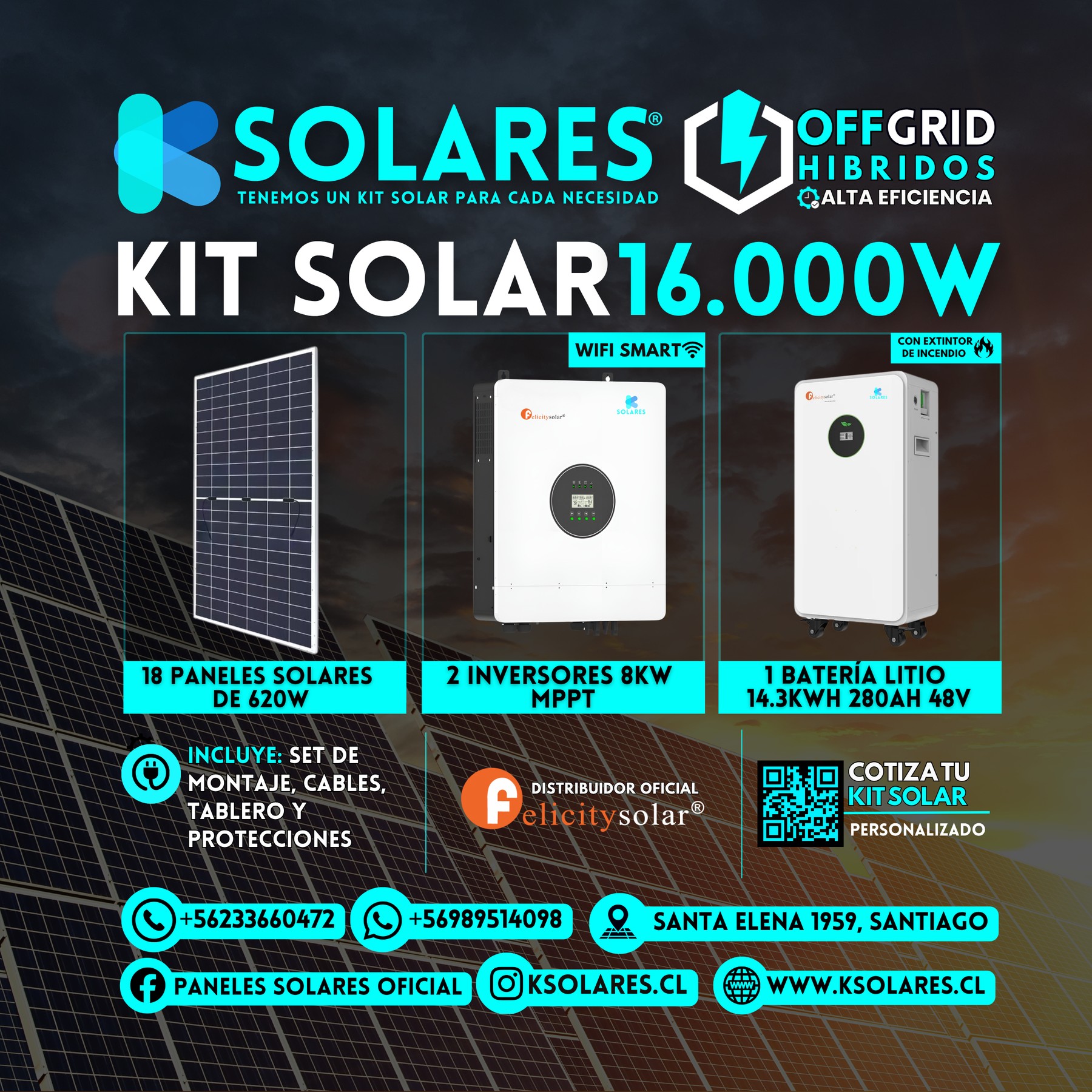 Kit Solar Off-Grid Híbrido 16 kW 18 paneles de 620 W · 11,16 kWp · inversor híbrido de 16 kW · batería 14,3 kWh