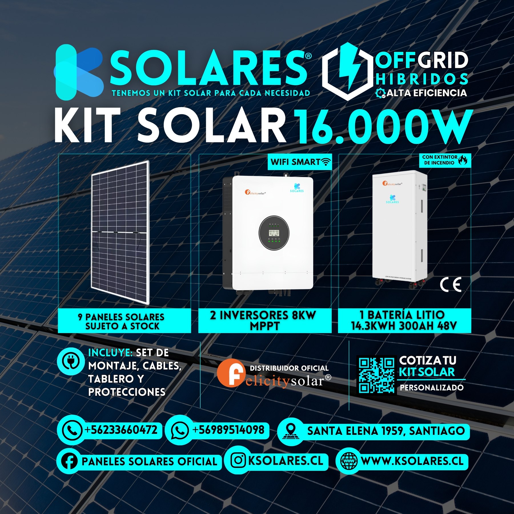 Kit Solar Off-Grid Híbrido 16 kW 9 paneles de 620 W · 5,58 kWp · inversor híbrido de 16 kW · batería 14,3 kWh