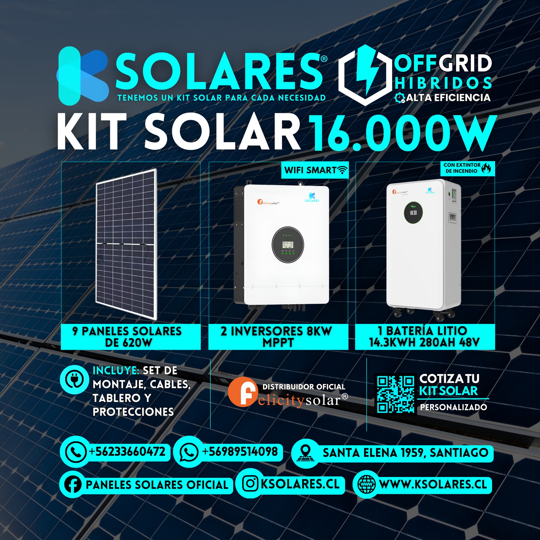 Kit Solar Off-Grid Híbrido 16 kW 9 paneles de 620 W · 5,58 kWp · inversor híbrido de 16 kW · batería 14,3 kWh