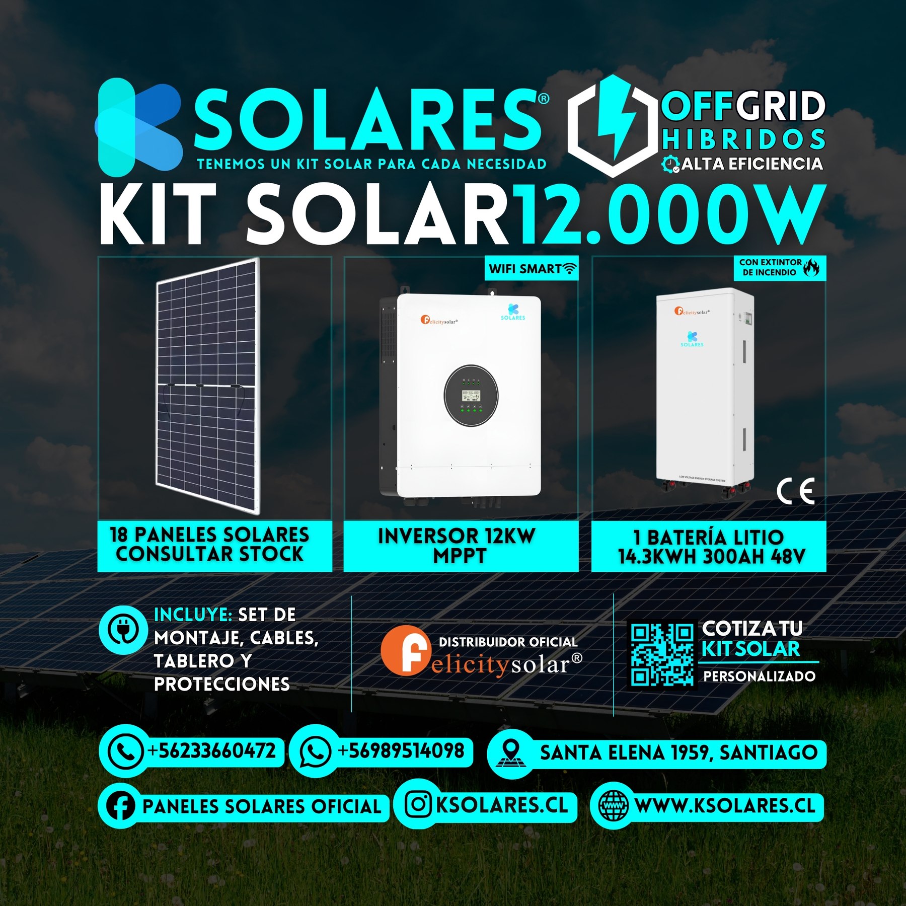 Kit Solar Off-Grid Híbrido 12 kW 18 paneles de 620 W · 11,16 kWp · inversor híbrido de 12 kW · batería 14,3 kWh
