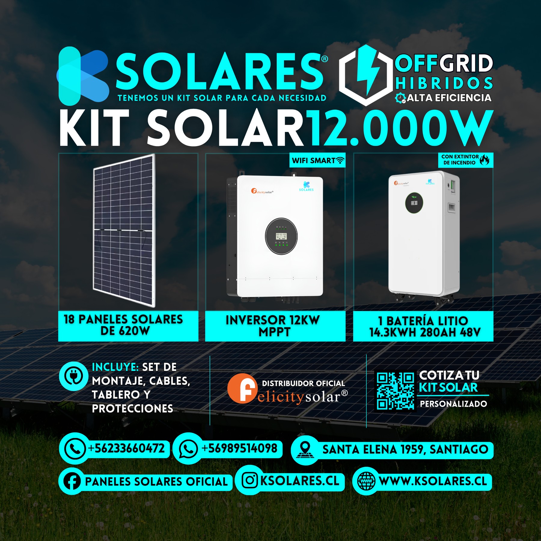 Kit Solar Off-Grid Híbrido 12 kW 18 paneles de 620 W · 11,16 kWp · inversor híbrido de 12 kW · batería 14,3 kWh
