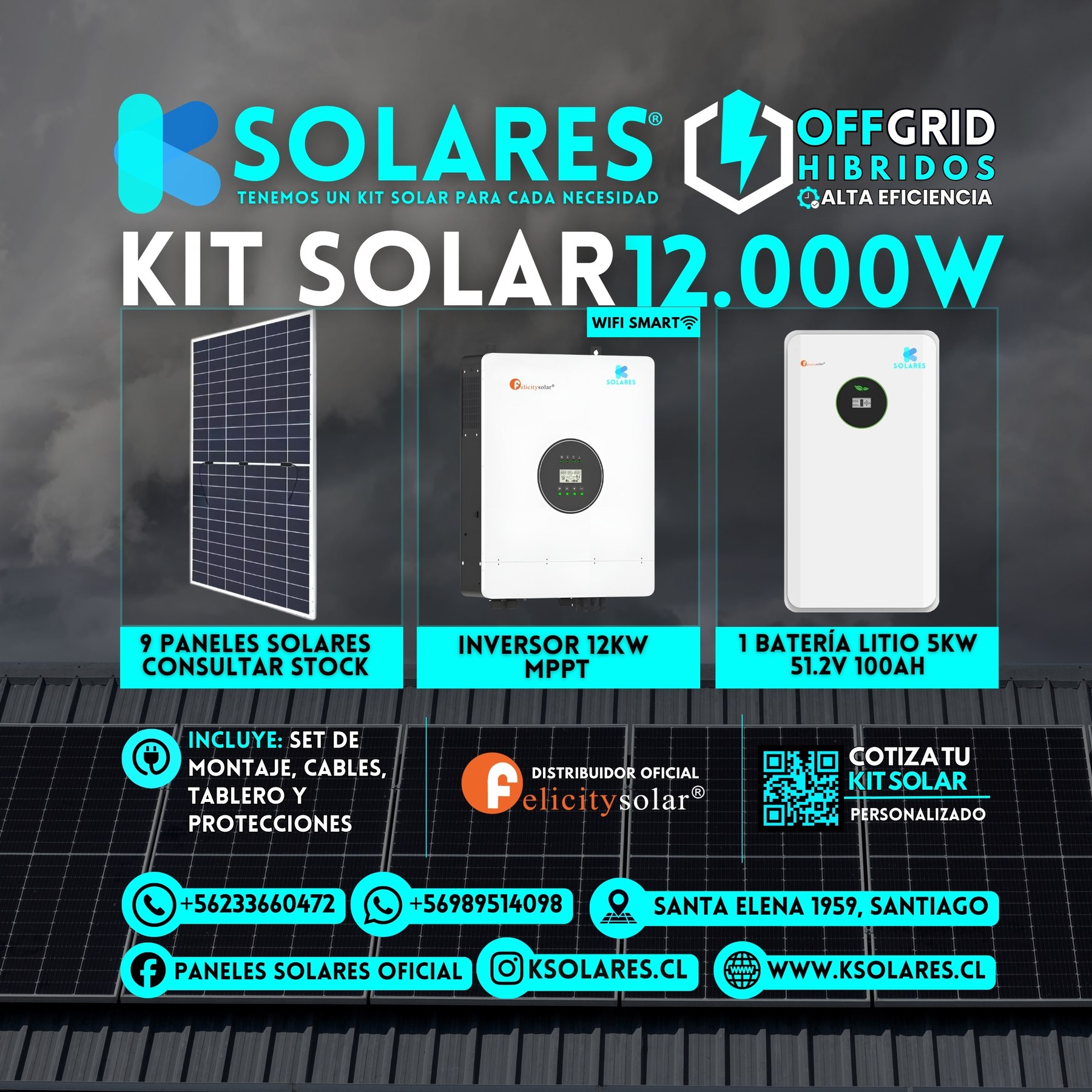 Kit Solar Off-Grid Híbrido 12 kW 9 paneles de 620 W · 5,58 kWp · inversor híbrido de 12 kW · batería 5 kWh