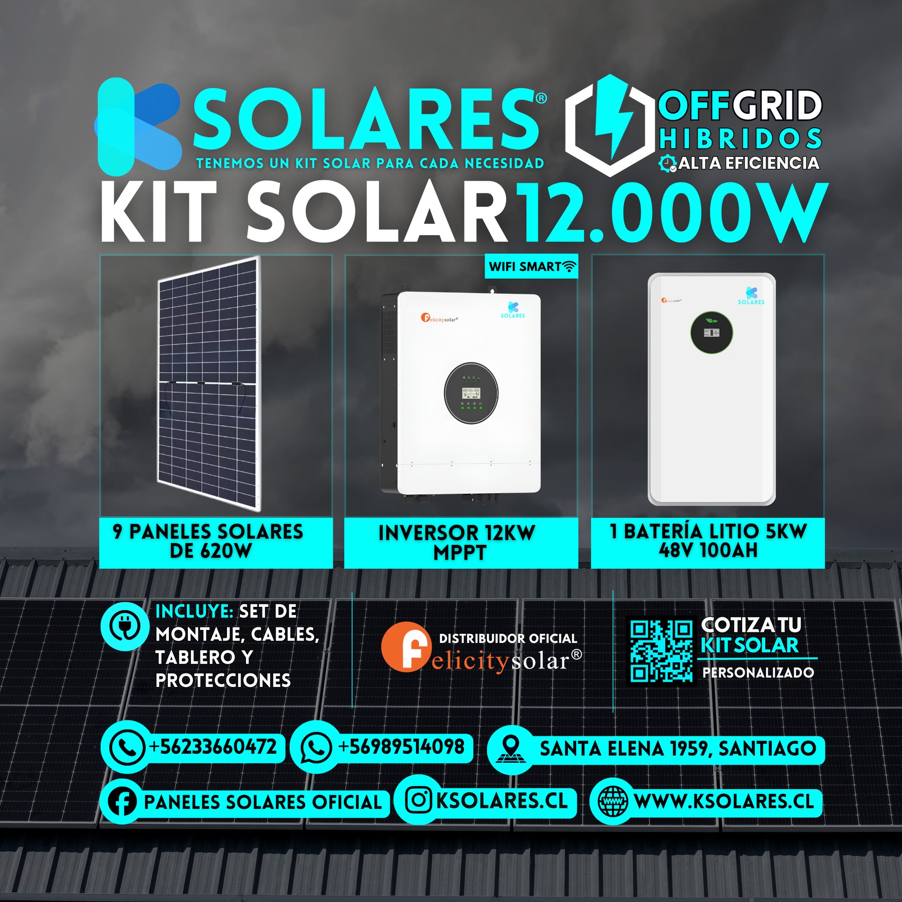 Kit Solar Off-Grid Híbrido 12 kW 9 paneles de 620 W · 5,58 kWp · inversor híbrido de 12 kW · batería 5 kWh