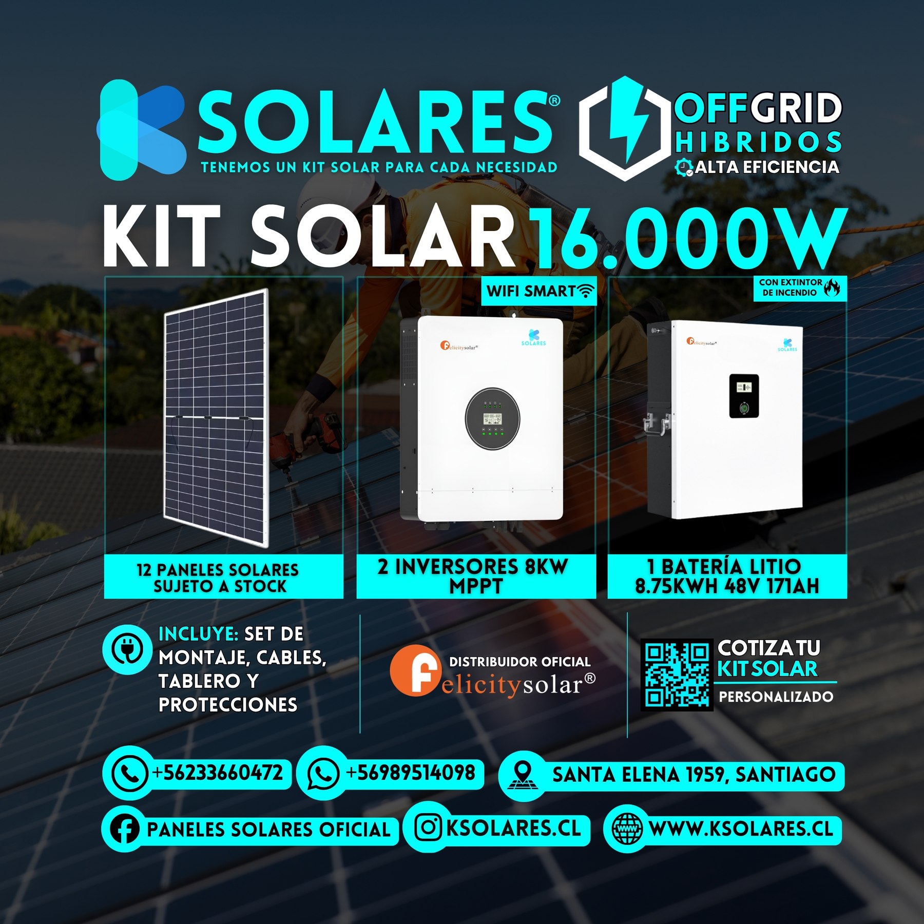Kit Solar Off-Grid Híbrido 16 kW 12 paneles de 620 W · 7,44 kWp · inversor híbrido de 16 kW · batería 8,75 kWh