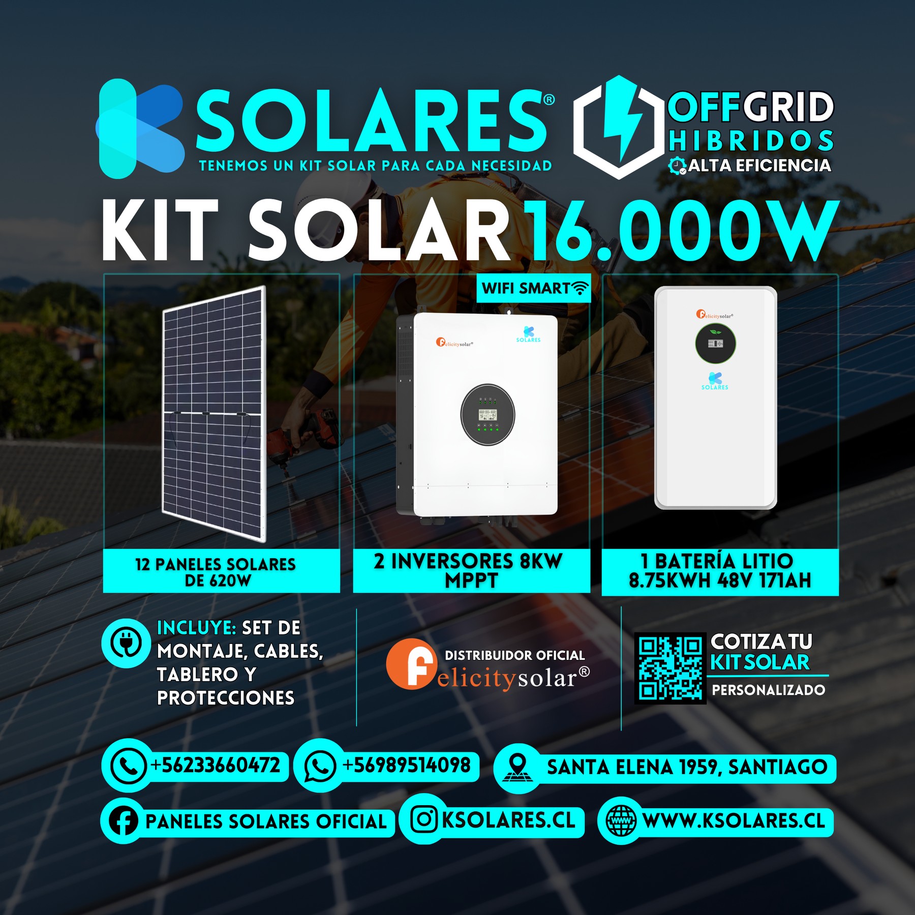 Kit Solar Off-Grid Híbrido 16 kW 12 paneles de 620 W · 7,44 kWp · inversor híbrido de 16 kW · batería 8,75 kWh