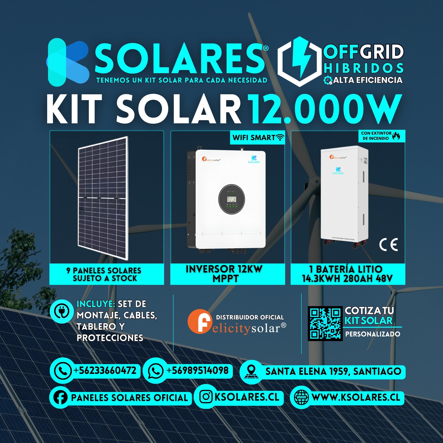 Kit Solar Off-Grid Híbrido 12 kW 9 paneles de 620 W · 5,58 kWp · inversor híbrido de 12 kW · batería 14,3 kWh