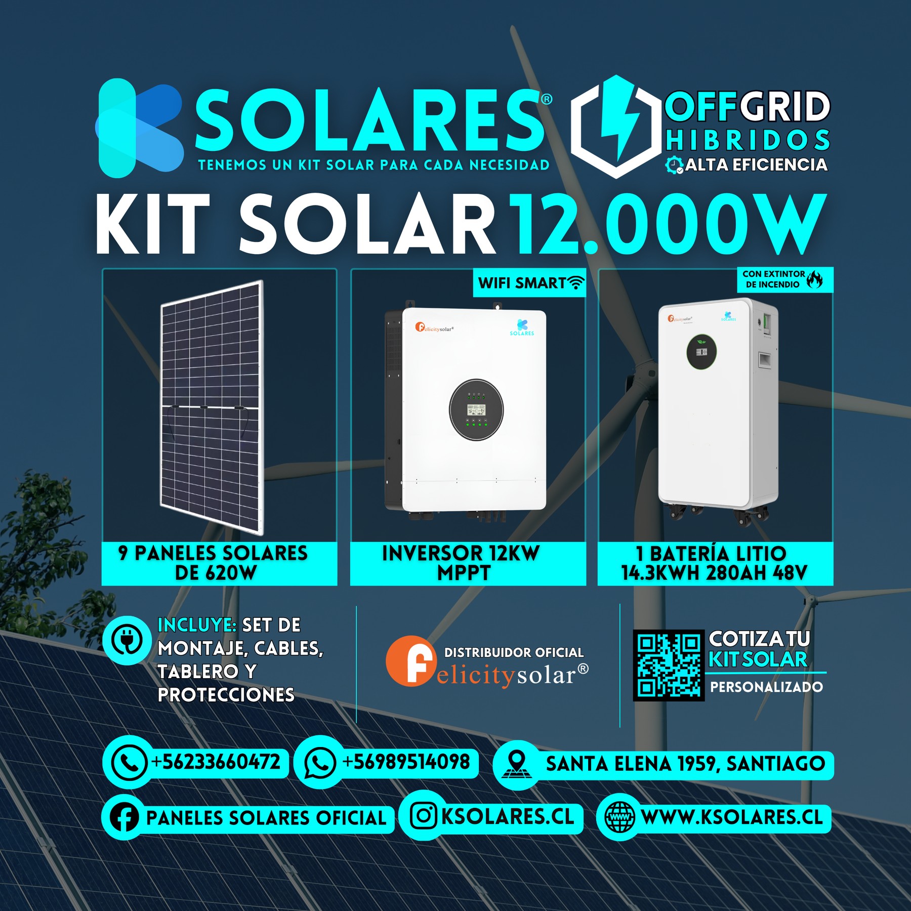 Kit Solar Off-Grid Híbrido 12 kW 9 paneles de 620 W · 5,58 kWp · inversor híbrido de 12 kW · batería 14,3 kWh