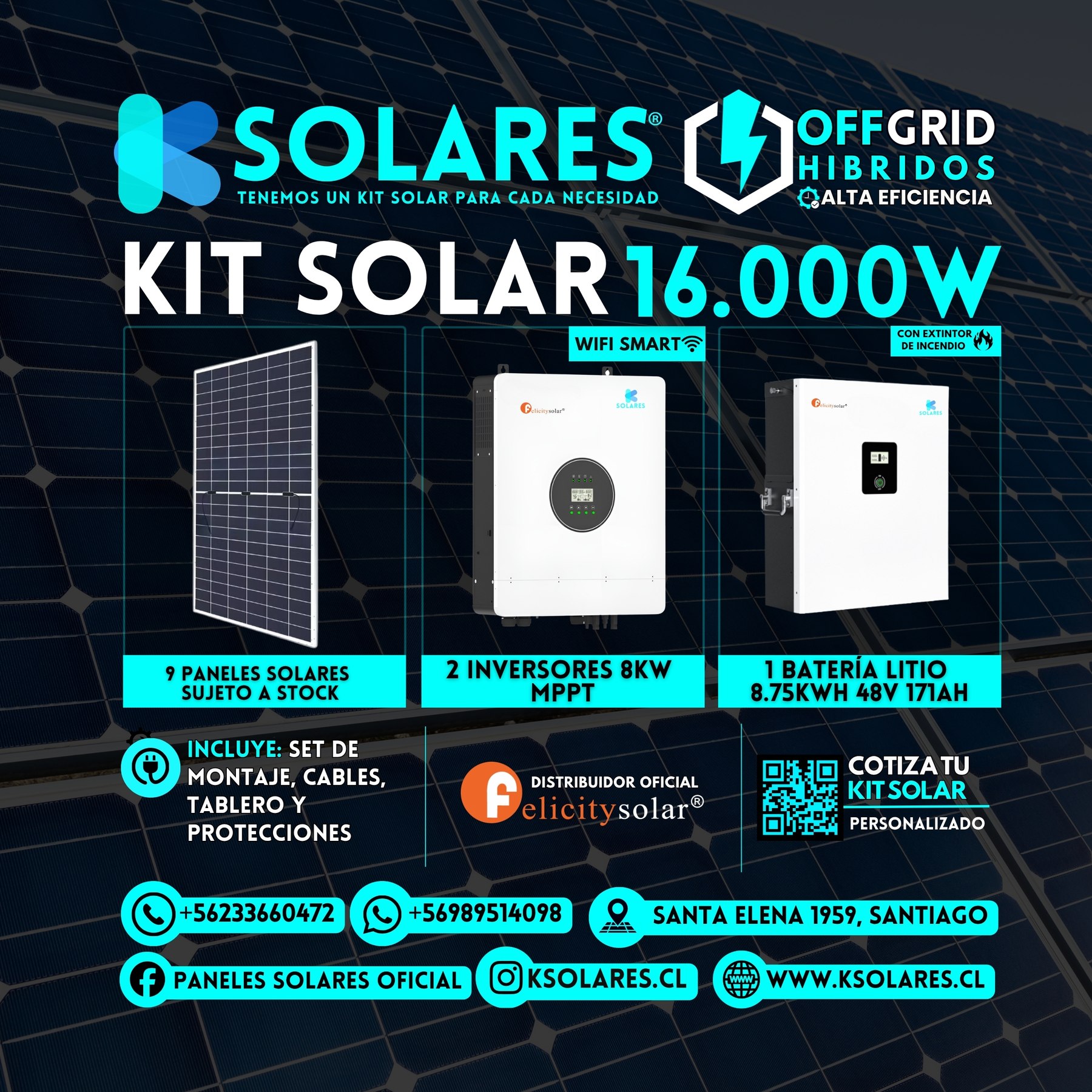 Kit Solar Off-Grid Híbrido 16 kW 9 paneles de 620 W · 5,58 kWp · inversor híbrido de 16 kW · batería 8,75 kWh