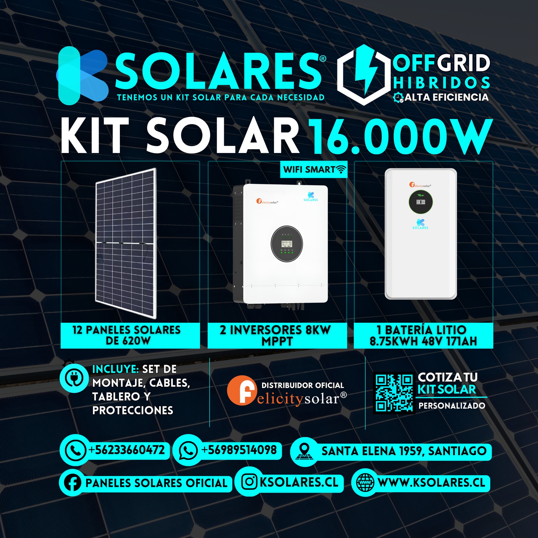 Kit Solar Off-Grid Híbrido 16 kW 9 paneles de 620 W · 5,58 kWp · inversor híbrido de 16 kW · batería 8,75 kWh