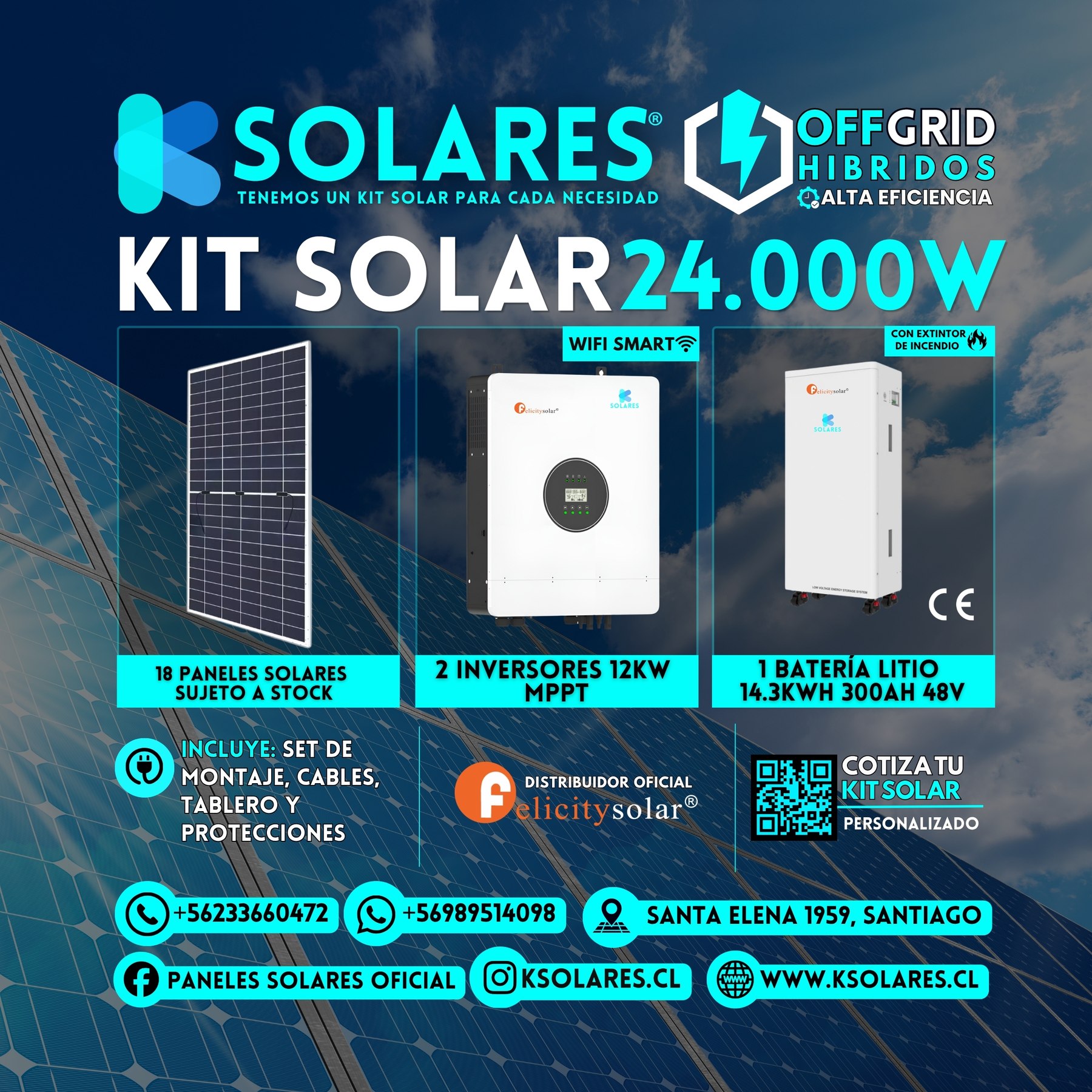 Kit Solar Off-Grid Híbrido 24 kW 18 paneles de 620 W · 11,16 kWp · inversor híbrido de 24 kW · batería 14,3 kWh