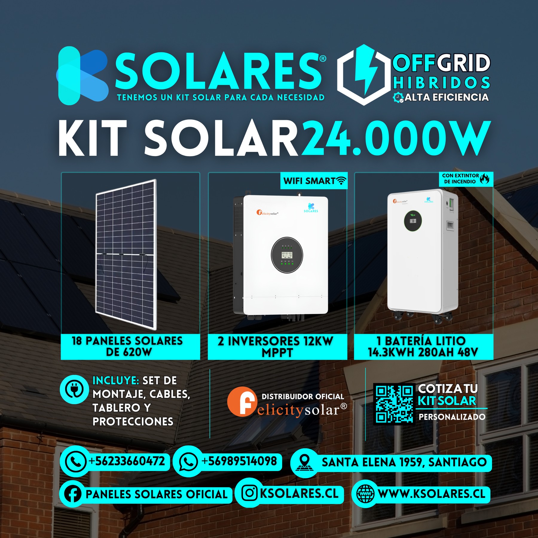 Kit Solar Off-Grid Híbrido 24 kW 18 paneles de 620 W · 11,16 kWp · inversor híbrido de 24 kW · batería 14,3 kWh