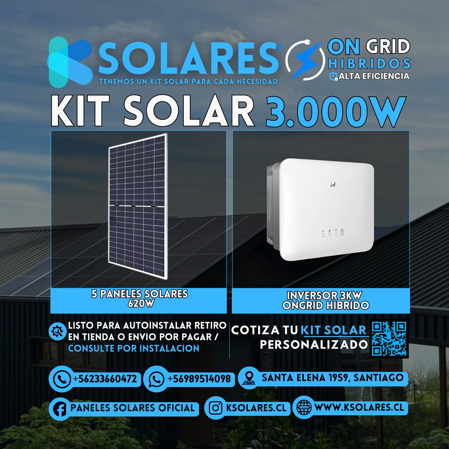 Kit Solar On-Grid Híbrido 3 kW 5 paneles de 620 W · 3,1 kWp · inversor On-Grid Híbrido de 3 kW