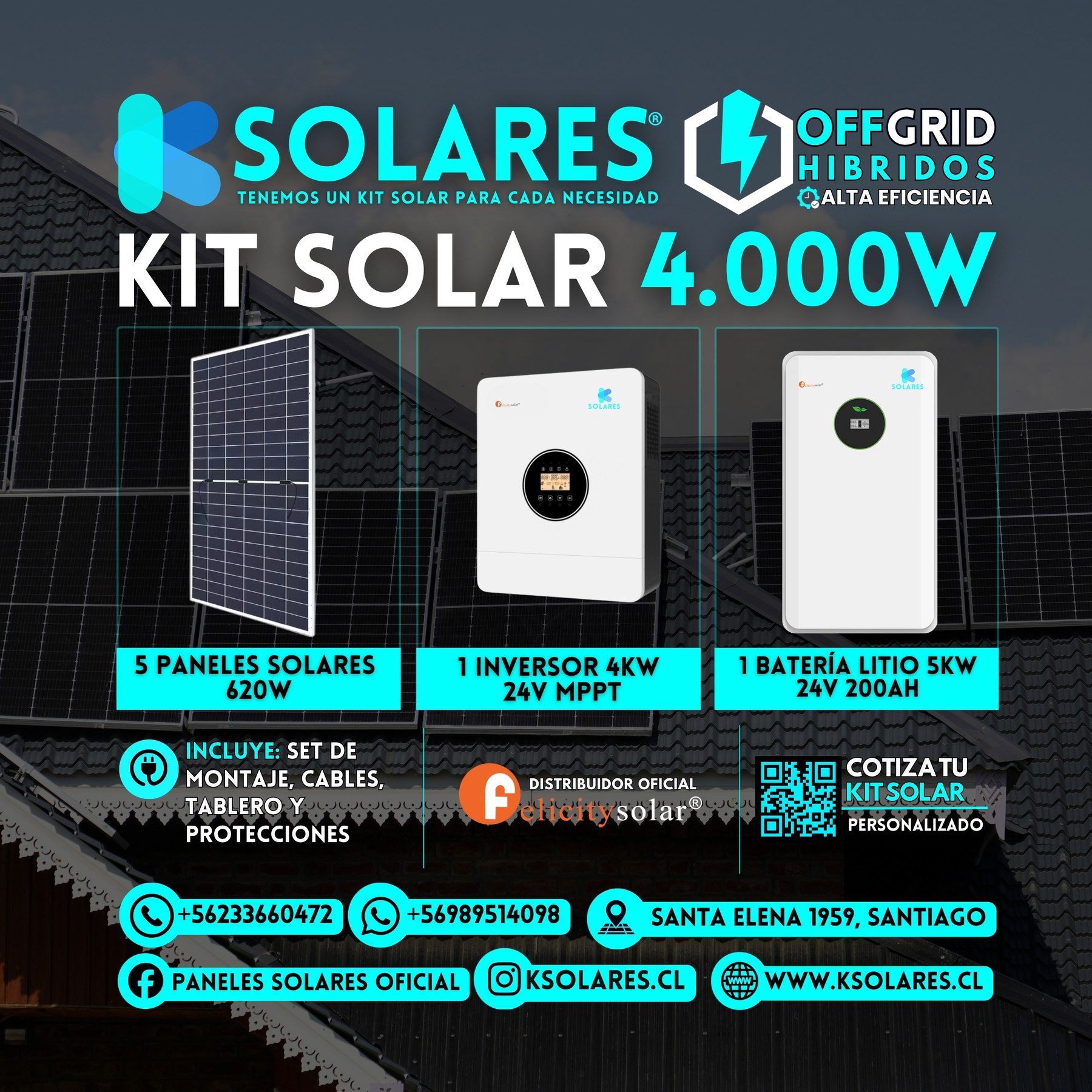 Kit Solar Off-Grid Híbrido 4 kW 5 paneles de 620 W · 3,1 kWp · inversor híbrido de 4 kW · batería 5 kWh