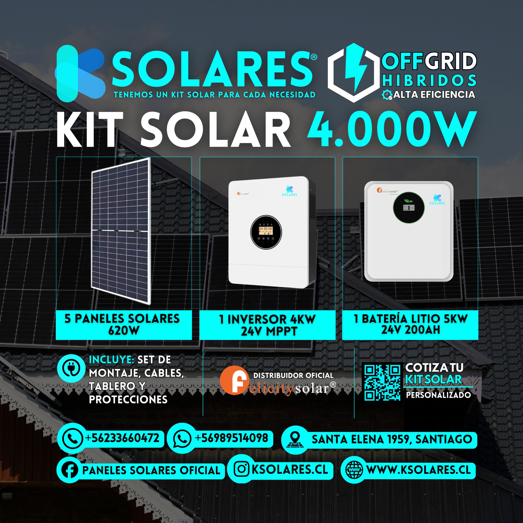 Kit Solar Off-Grid Híbrido 4 kW 5 paneles de 620 W · 3,1 kWp · inversor híbrido de 4 kW · batería 5 kWh