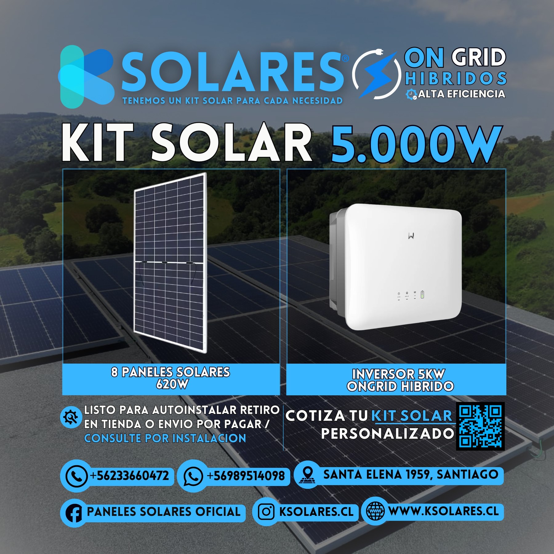 Kit Solar On-Grid Híbrido 5 kW 8 paneles de 620 W · 4,96 kWp · inversor On-Grid Híbrido de 5 kW