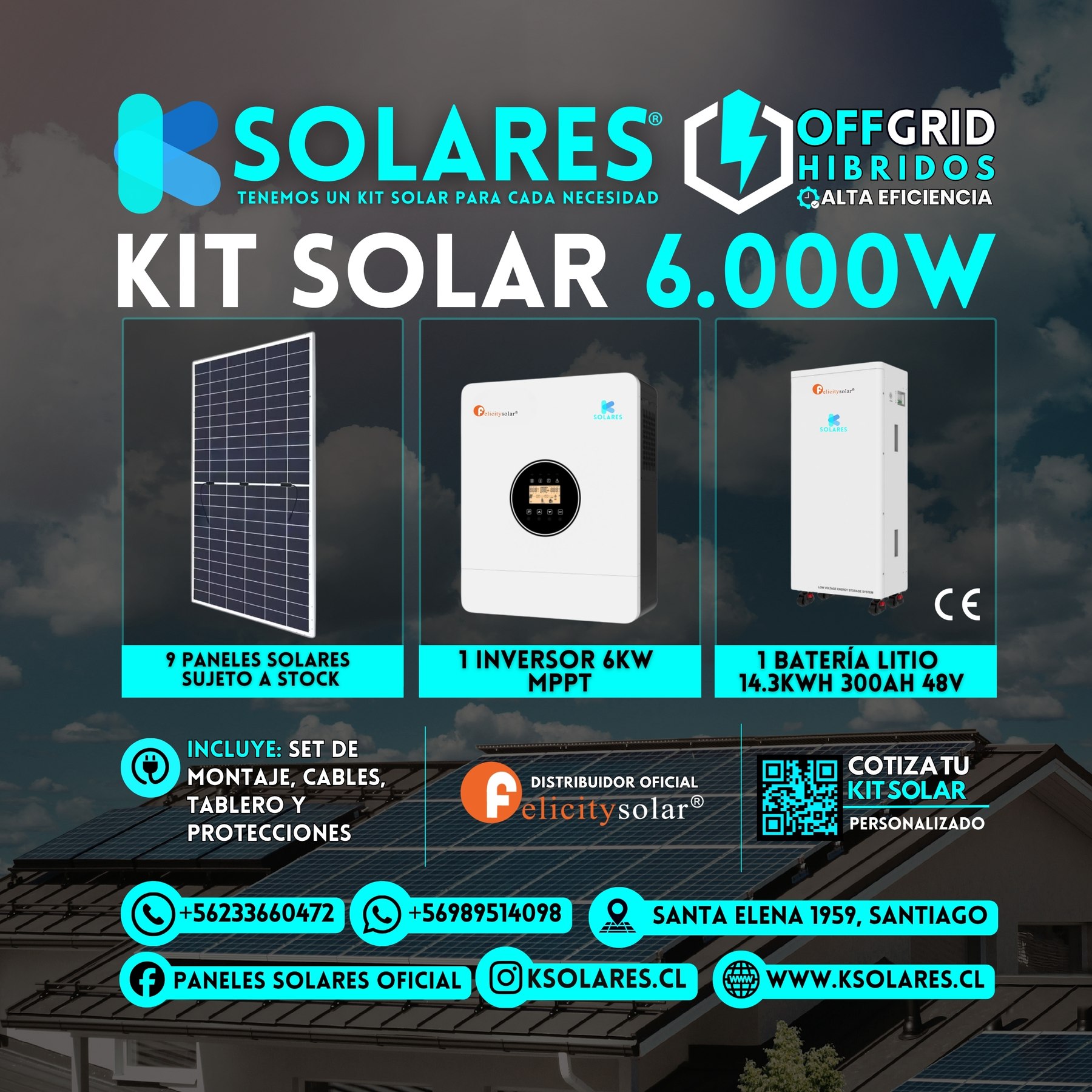 Kit Solar Off-Grid Híbrido 6 kW 9 paneles de 620 W · 5,58 kWp · inversor híbrido de 6 kW · batería 14,3 kWh