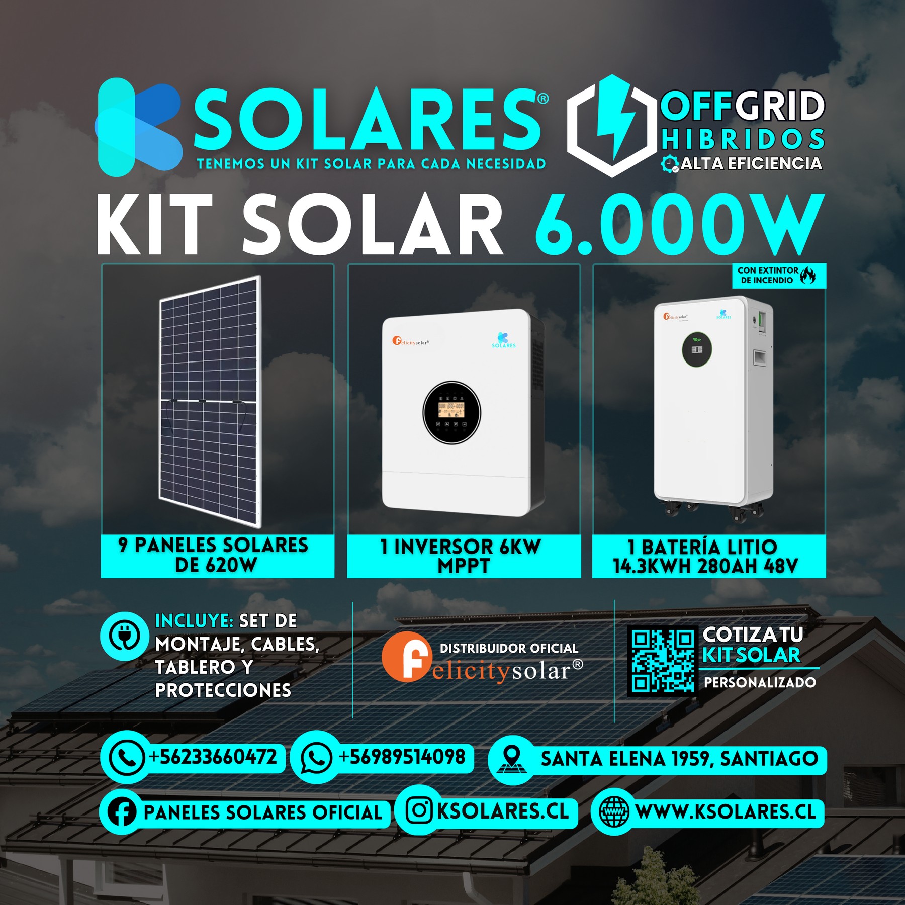 Kit Solar Off-Grid Híbrido 6 kW 9 paneles de 620 W · 5,58 kWp · inversor híbrido de 6 kW · batería 14,3 kWh