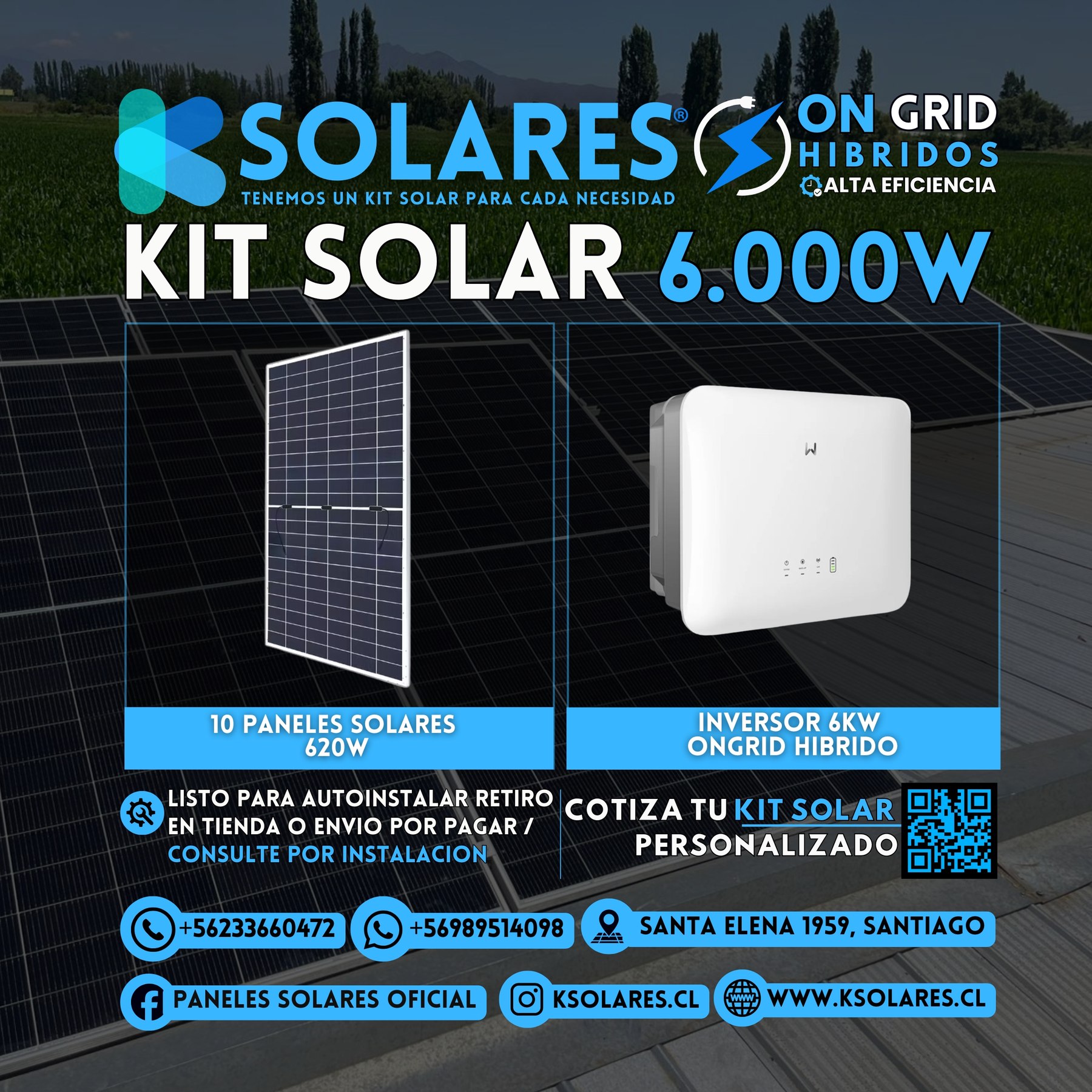 Kit Solar On-Grid Híbrido 6 kW 10 paneles de 620 W · 6,2 kWp · inversor On-Grid Híbrido de 6 kW