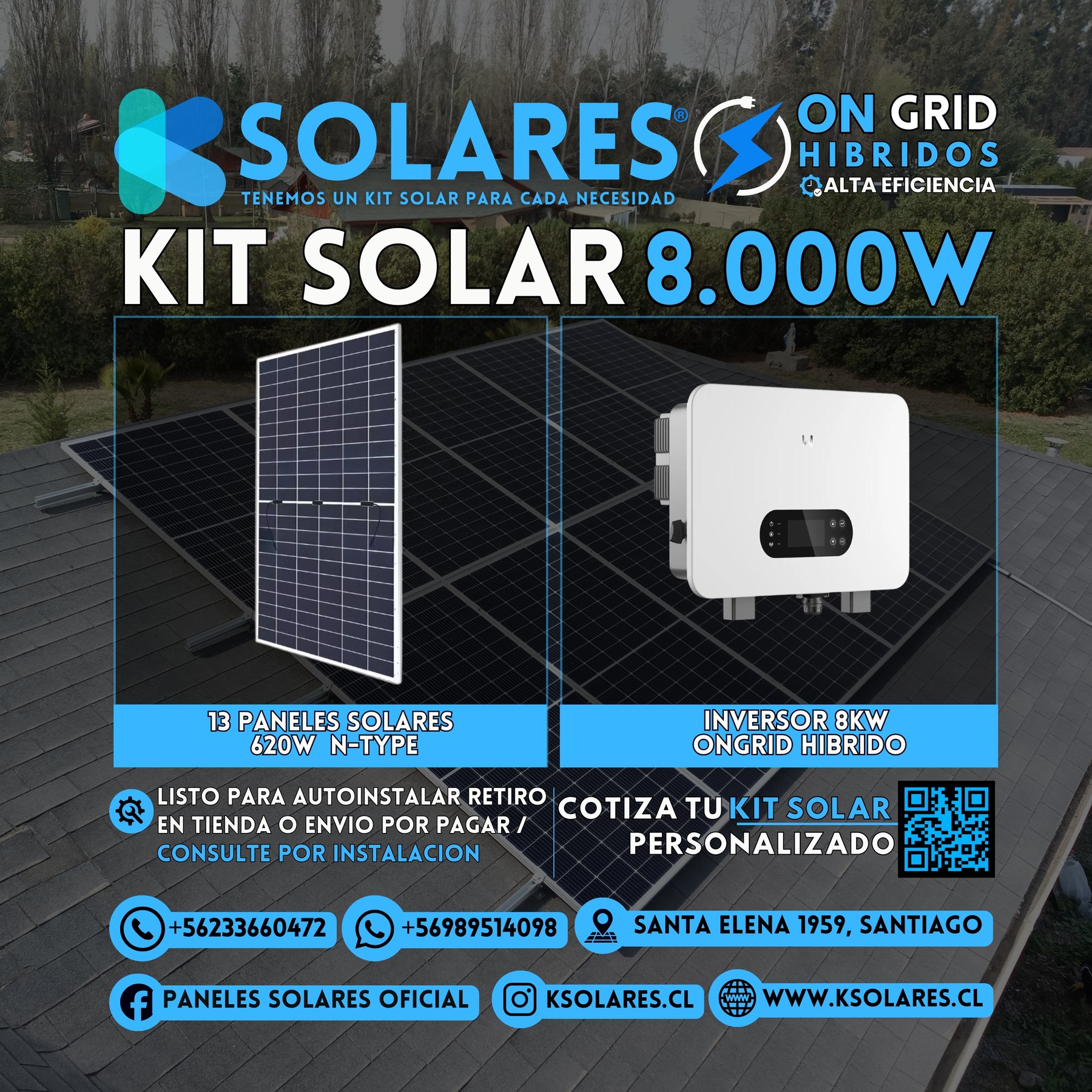 Kit Solar On-Grid Híbrido 8 kW 13 paneles de 620 W · 8,06 kWp · inversor On-Grid Híbrido de 8 kW