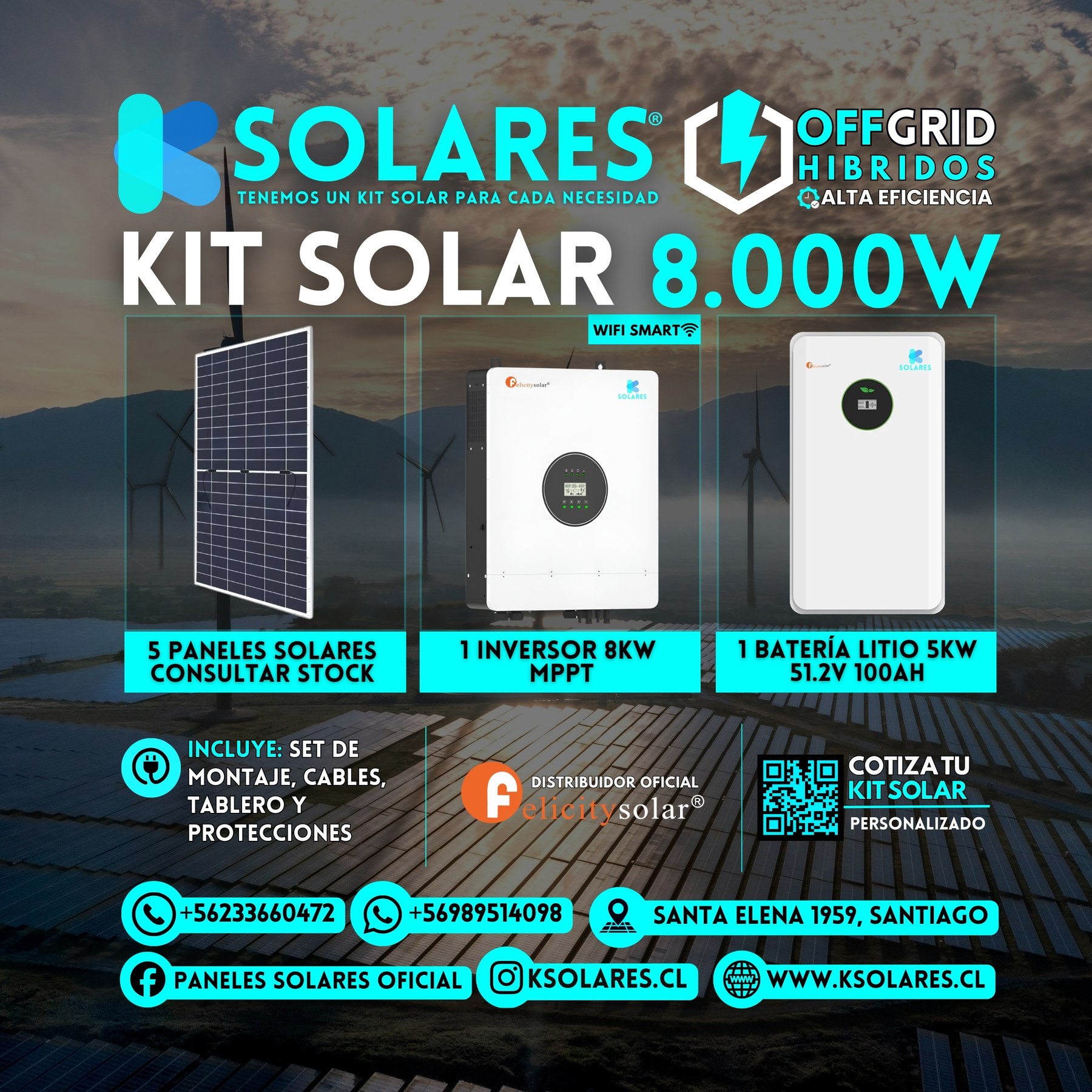 Kit Solar Off-Grid Híbrido 8 kW 5 paneles de 620 W · 3,1 kWp · inversor híbrido de 8 kW · batería 5 kWh