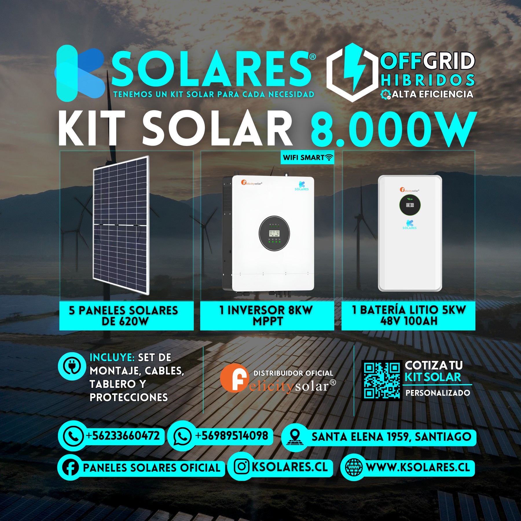 Kit Solar Off-Grid Híbrido 8 kW 5 paneles de 620 W · 3,1 kWp · inversor híbrido de 8 kW · batería 5 kWh