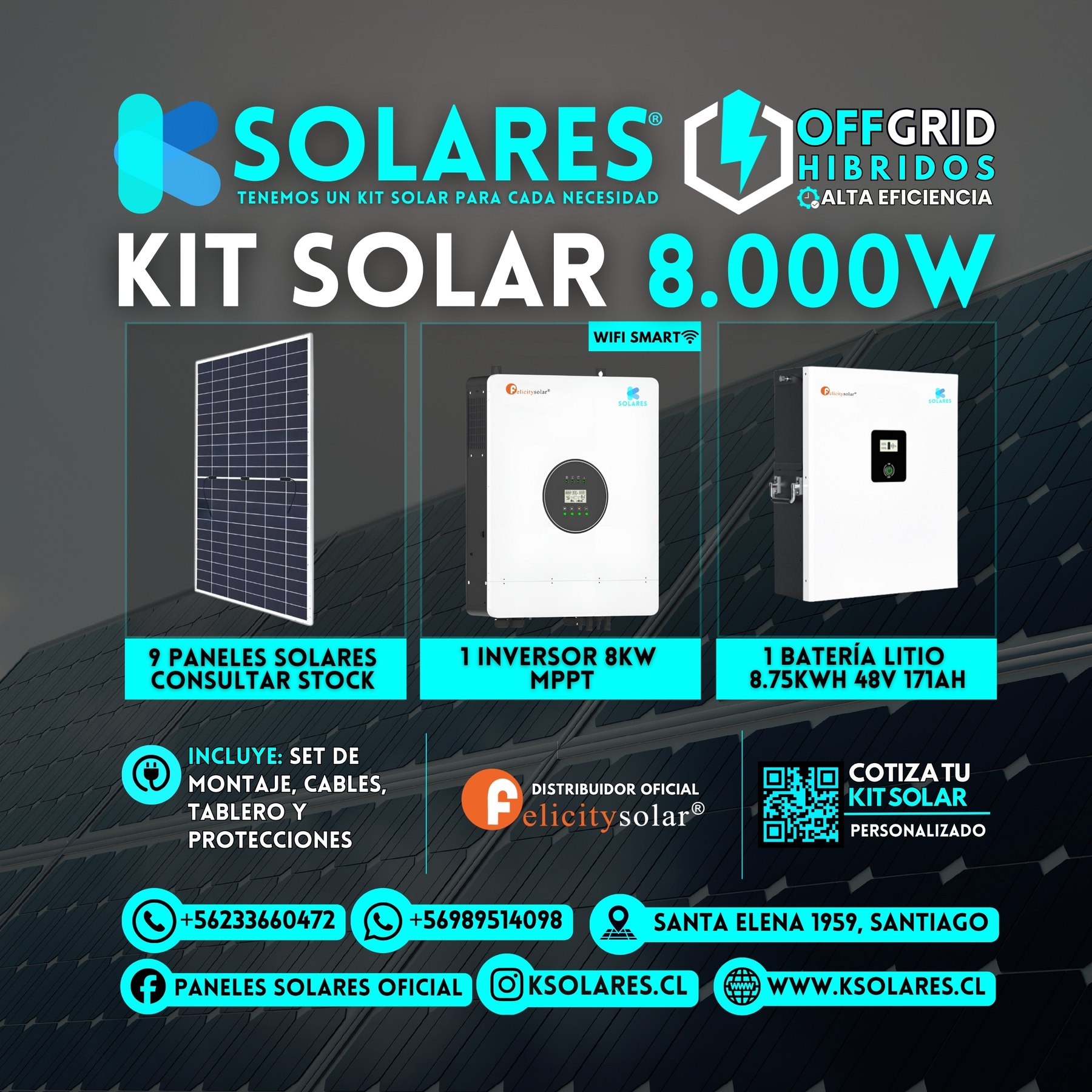 Kit Solar Off-Grid Híbrido 8 kW 9 paneles de 620 W · 5,58 kWp · inversor híbrido de 8 kW · batería 8,75 kWh