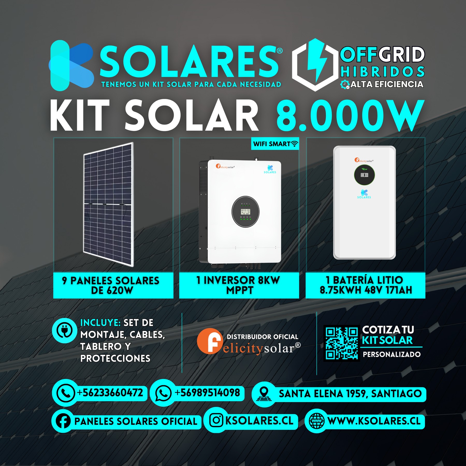 Kit Solar Off-Grid Híbrido 8 kW 9 paneles de 620 W · 5,58 kWp · inversor híbrido de 8 kW · batería 8,75 kWh
