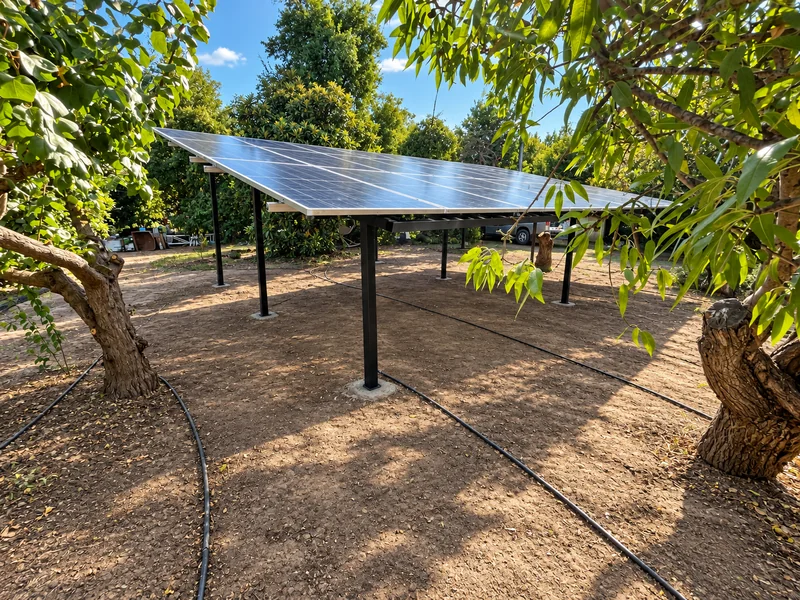 Estructura con paneles solares entre árboles y vegetación.