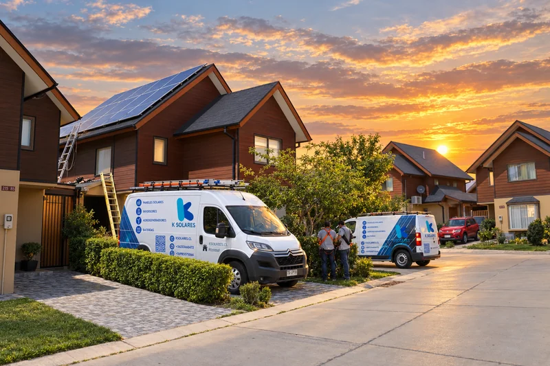 Viviendas con paneles en la cubierta y vehículos de K Solares al atardecer.