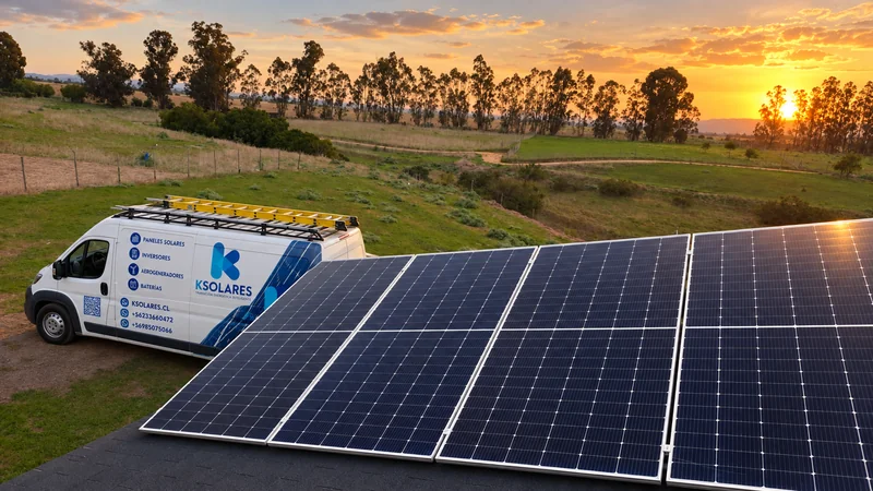Paneles solares en una vivienda y un paisaje chileno al atardecer.