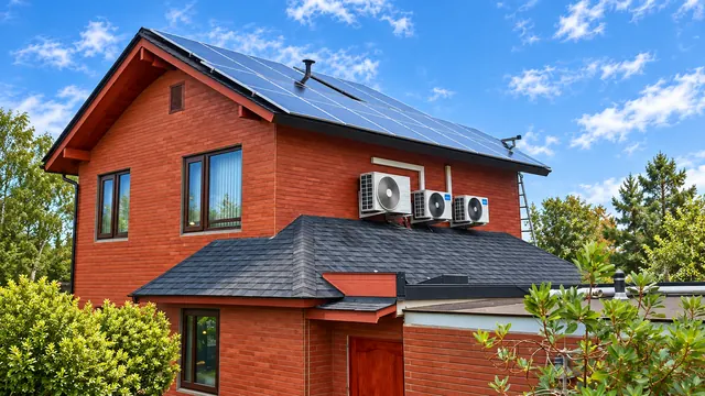 Casa de madera roja con paneles solares en el techo.