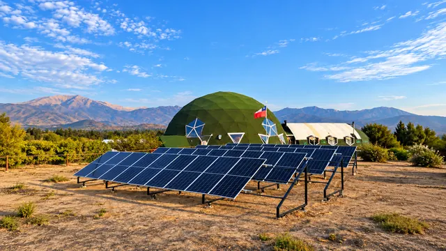 Instalación solar en suelo frente a un domo verde.